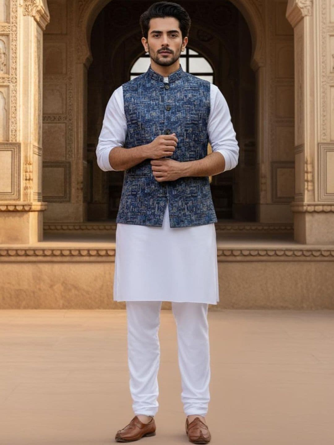 Anouk Blue & Navy Blue & White Woven Design Nehru Jackets - view 1