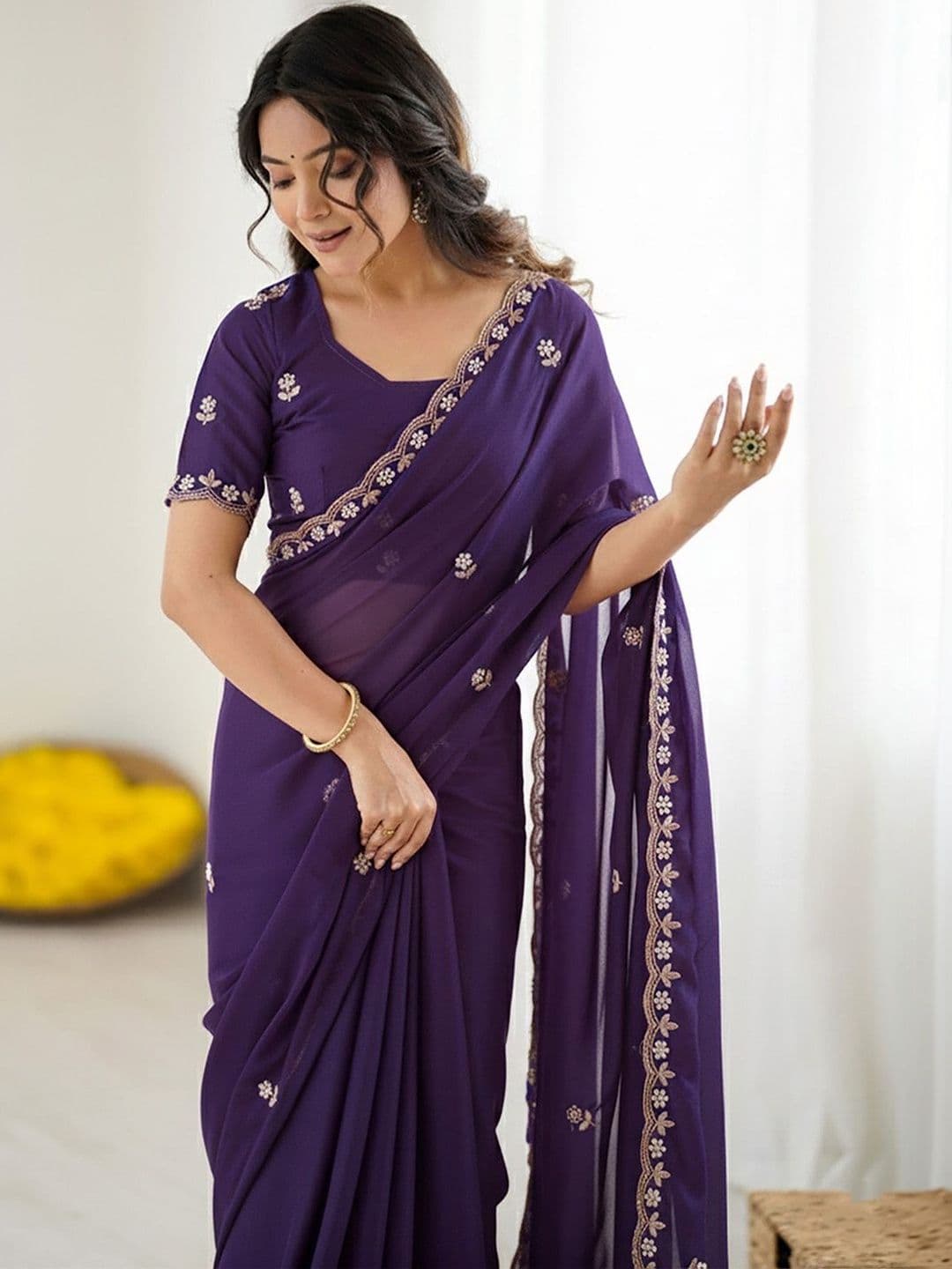 Anouk Ethnic Motifs Embroidered Pure Georgette Designer Saree - view 1