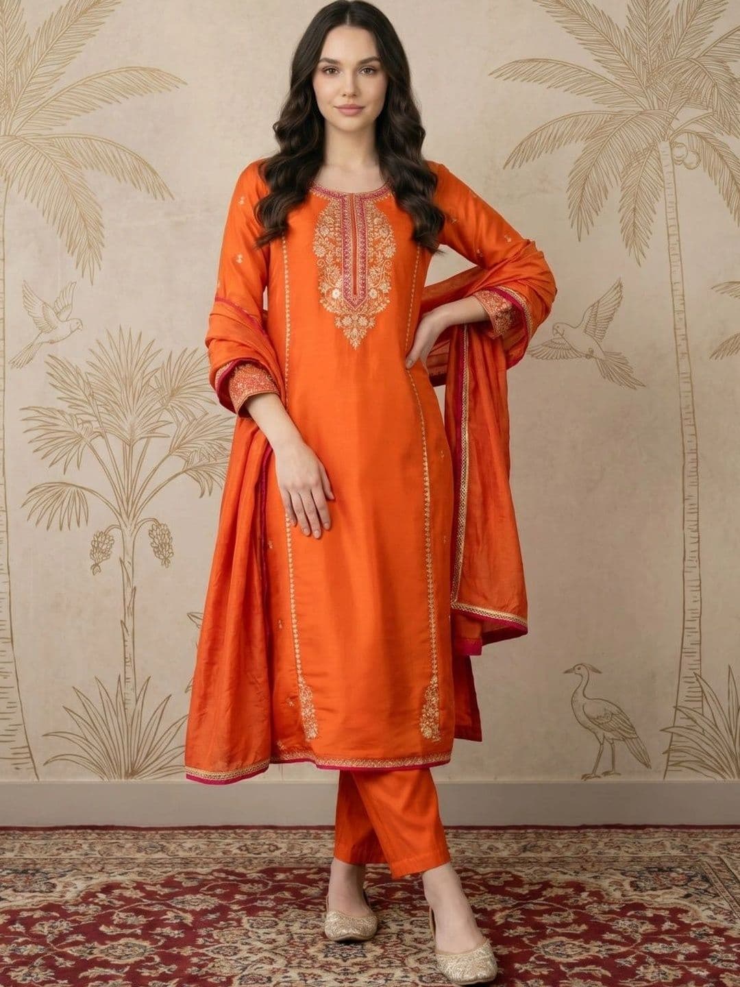 Sangria Women Ethnic Motifs Embroidered Regular Kurta with Trousers & With Dupatta - view 1