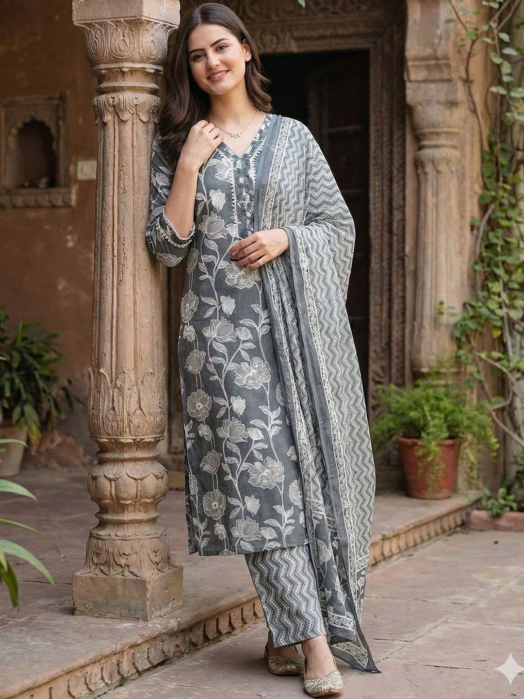 Anouk Women Floral Printed Regular Pure Cotton Kurta with Trousers & With Dupatta - view 1