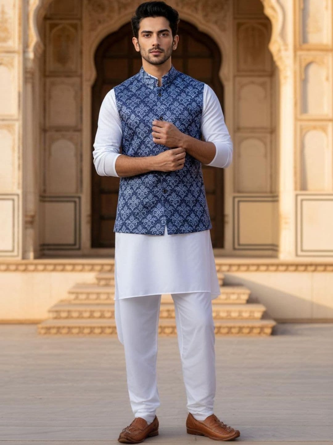 Anouk Blue & Navy Blue Woven Design Nehru Jackets - view 1