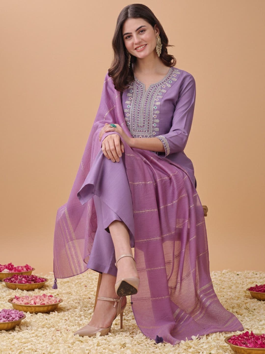 Anouk Mirage Ethnic Motifs Embroidered Sequinned Kurta with Trousers & With Dupatta - view 1