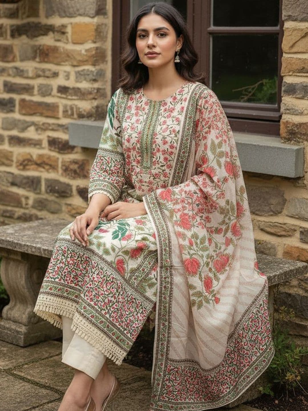 Anouk Women Floral Printed Regular Sequinned Pure Cotton Kurta with Trousers & With Dupatta - view 1