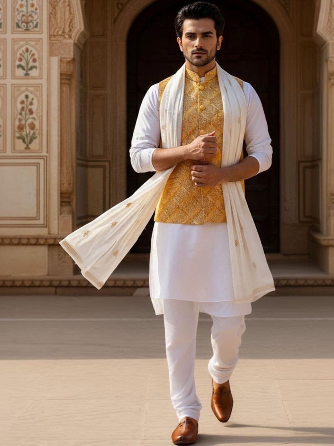 Anouk Yellow & White Printed Nehru Jackets - view 1