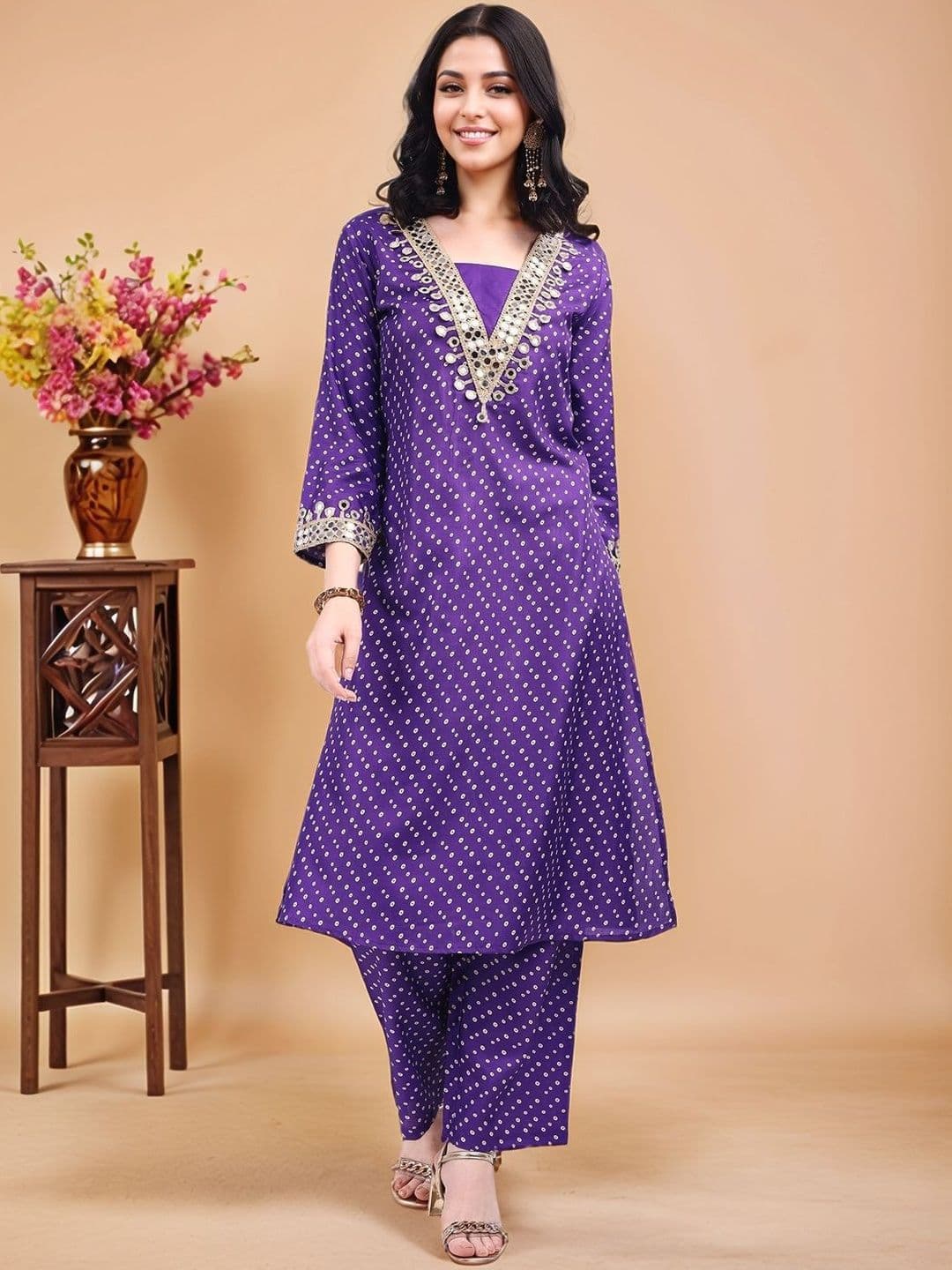 Anouk Bandhani Printed V-Neck Mirror Work Kurta with Trousers - view 1