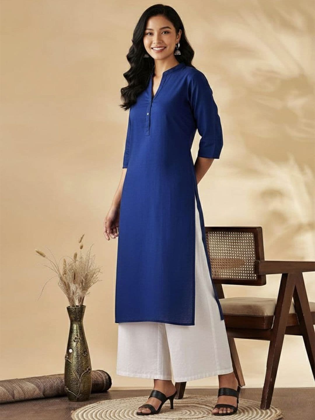 Anouk Mandarin Collar Three-Quarter Sleeves Panelled Cotton A-Line Kurta - view 1