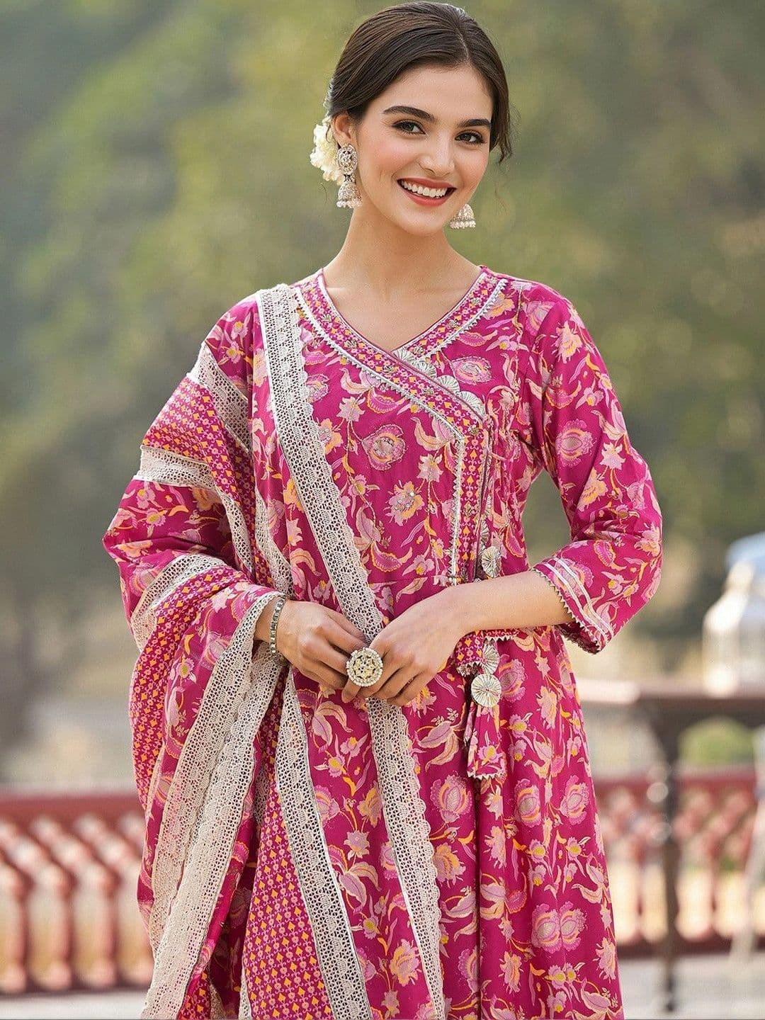 Sangria Women Floral Printed Angrakha Pure Cotton Kurta with Palazzos & With Dupatta - view 1