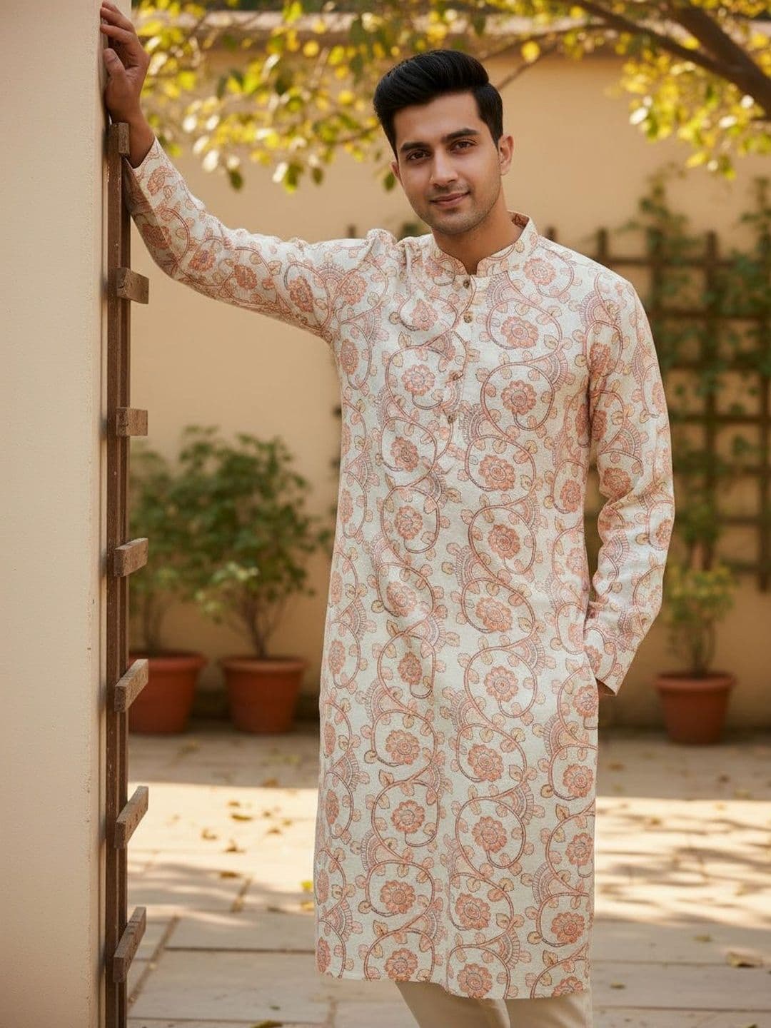 Anouk Floral Printed Mandarin Collar Linen Kurta - view 1