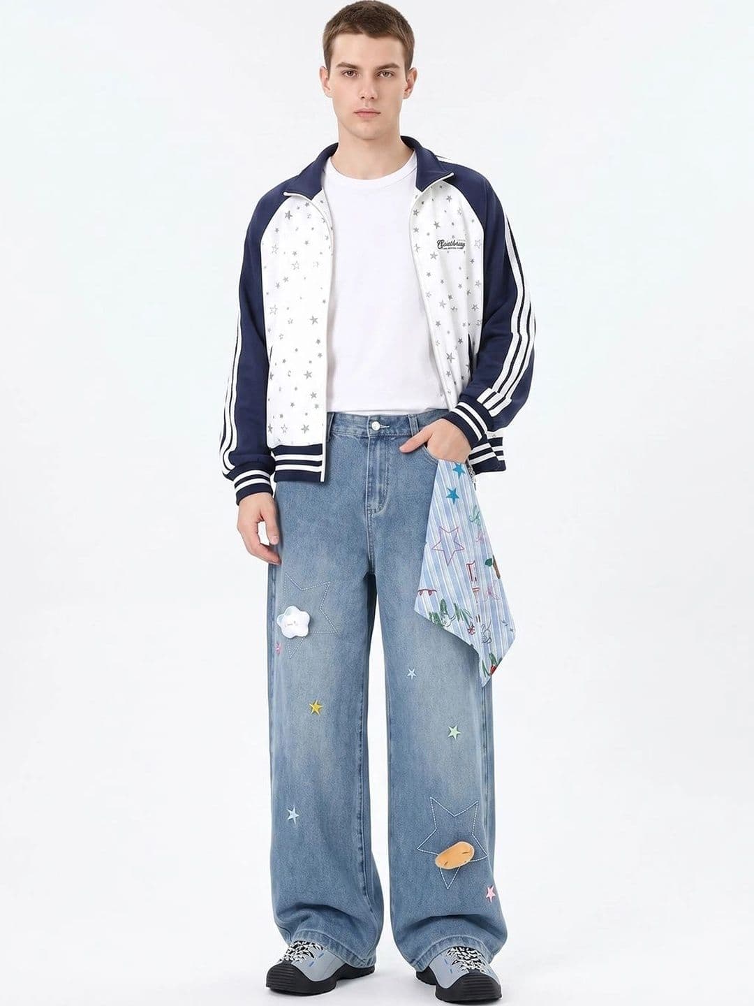 StyleCast x Revolte Men Wide Leg Mid-Rise Light Fade Applique Jeans - view 1