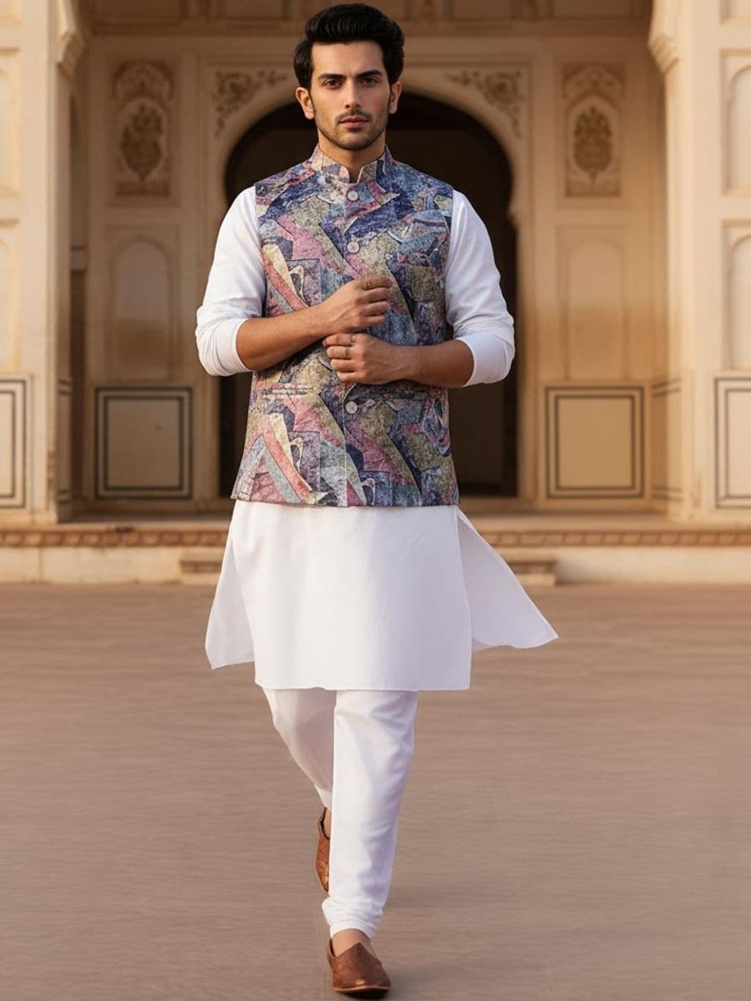 Anouk Men's Printed Jacquard Nehru Jacket Regular Fit with Mandarin Collar - view 1