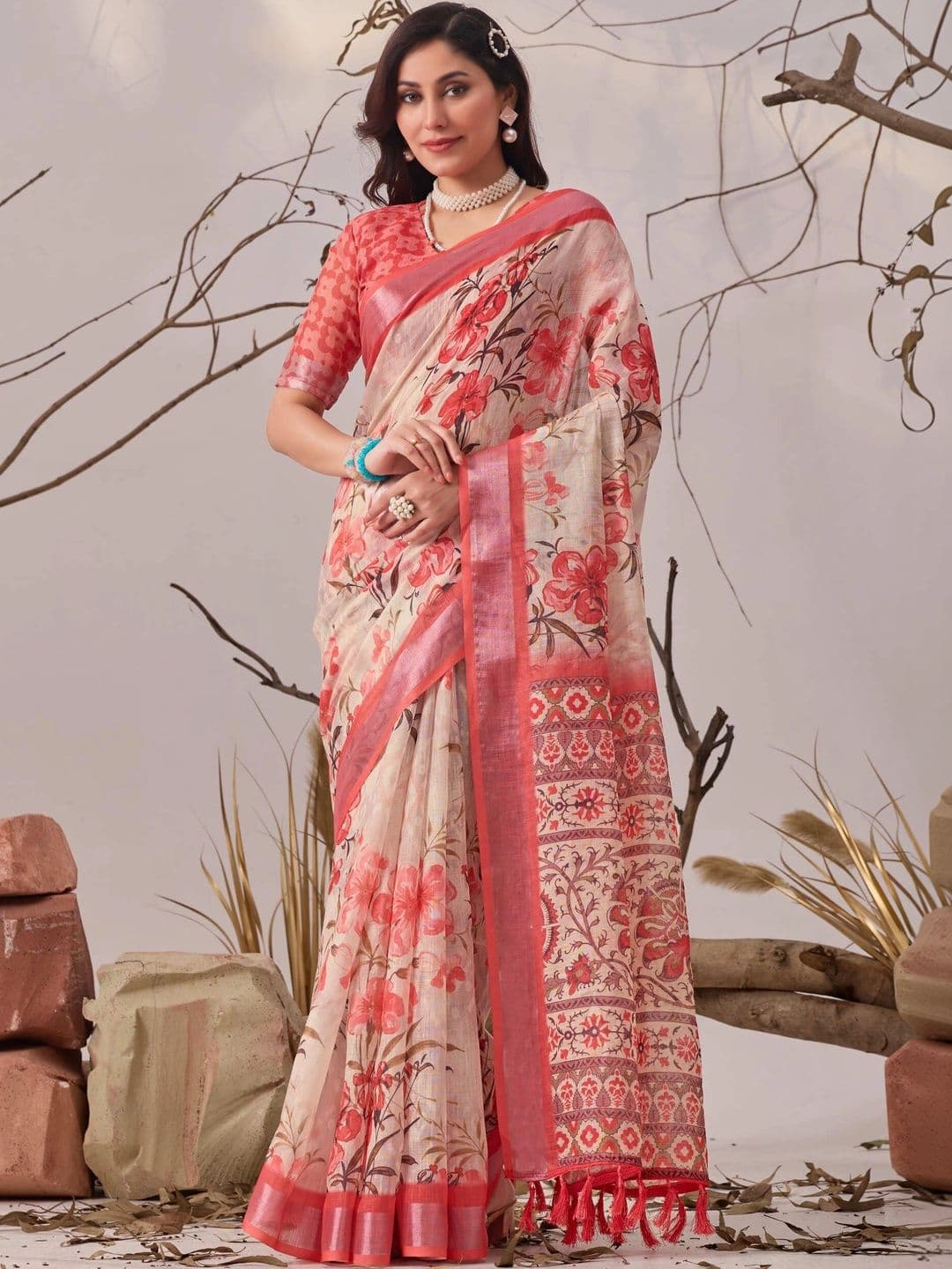 DHANLAXMI SAREES Floral Zari Pure Linen Fusion Kota Saree - view 1