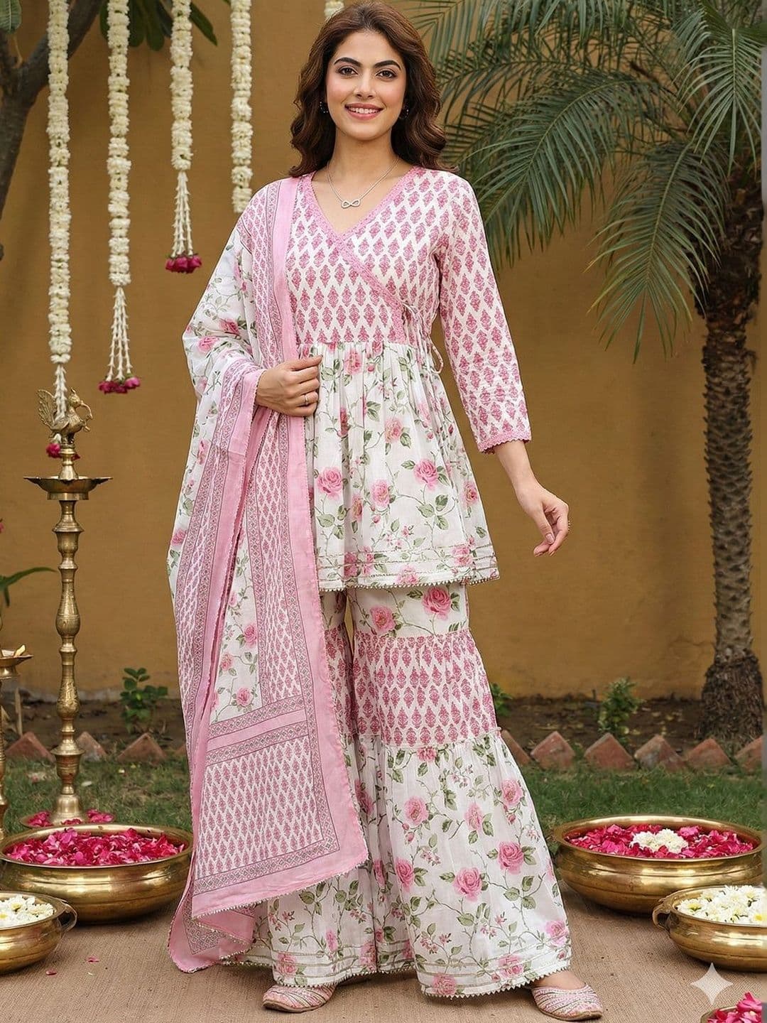 Anouk Women Floral Printed Tiered Pure Cotton Kurta with Sharara & With Dupatta - view 1
