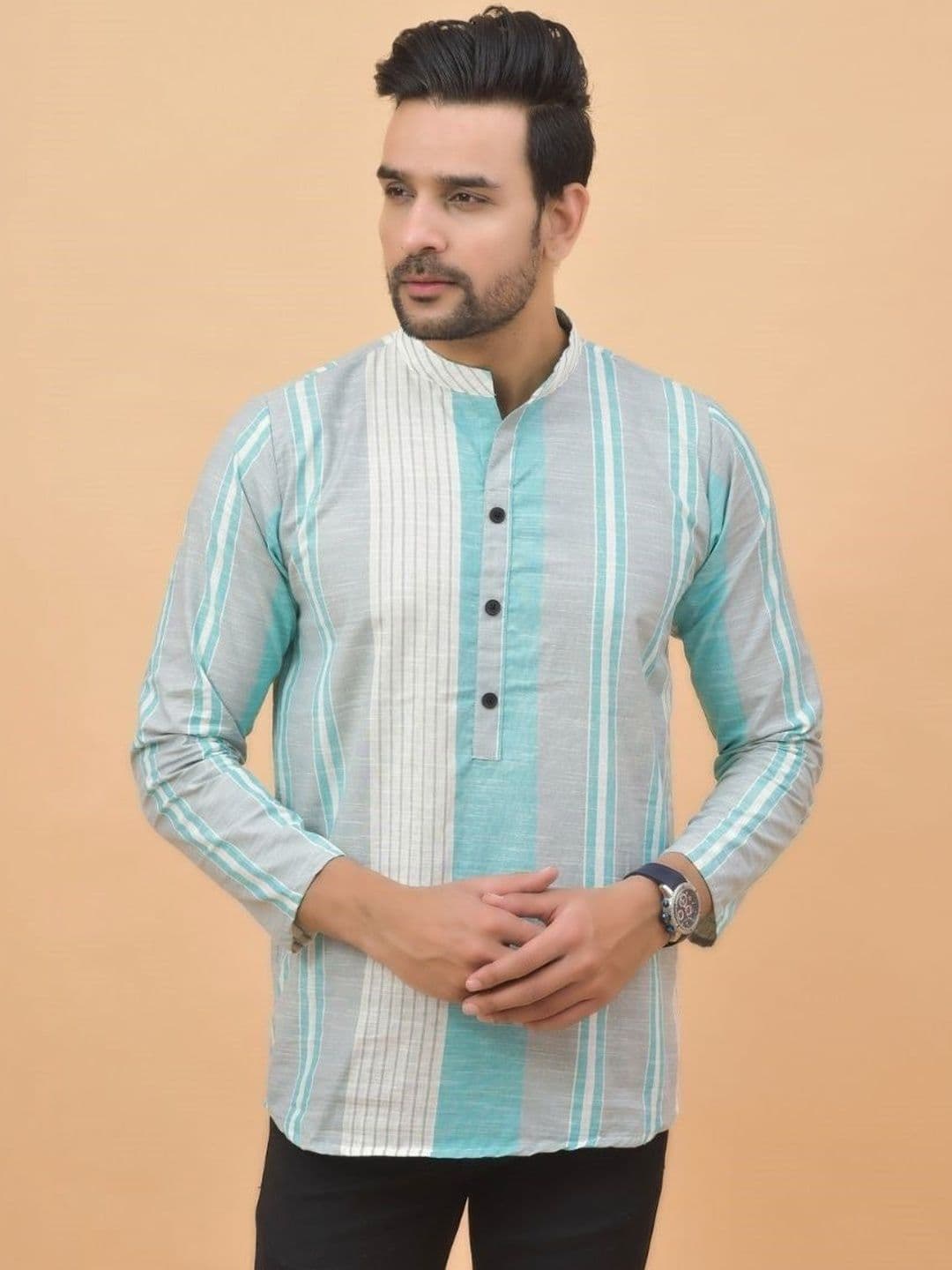 Anouk Mirage Men Striped Thread Work Handloom Kurta - view 1