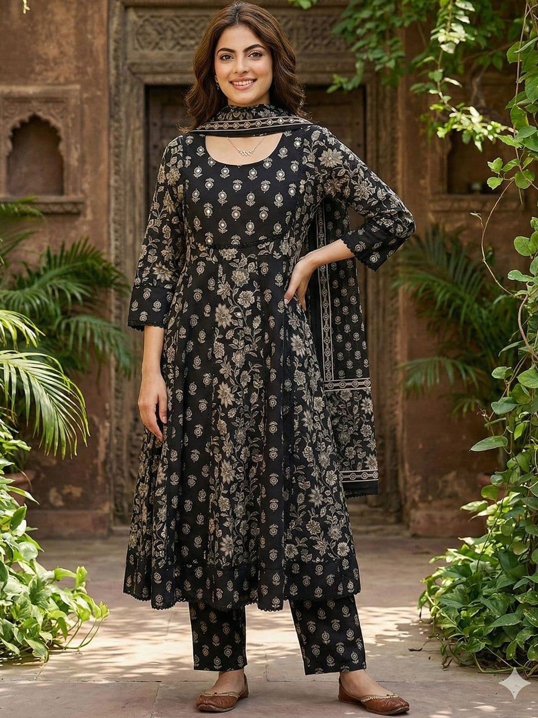 Anouk Women Floral Printed Panelled Pure Cotton Kurta with Trousers & With Dupatta - view 1