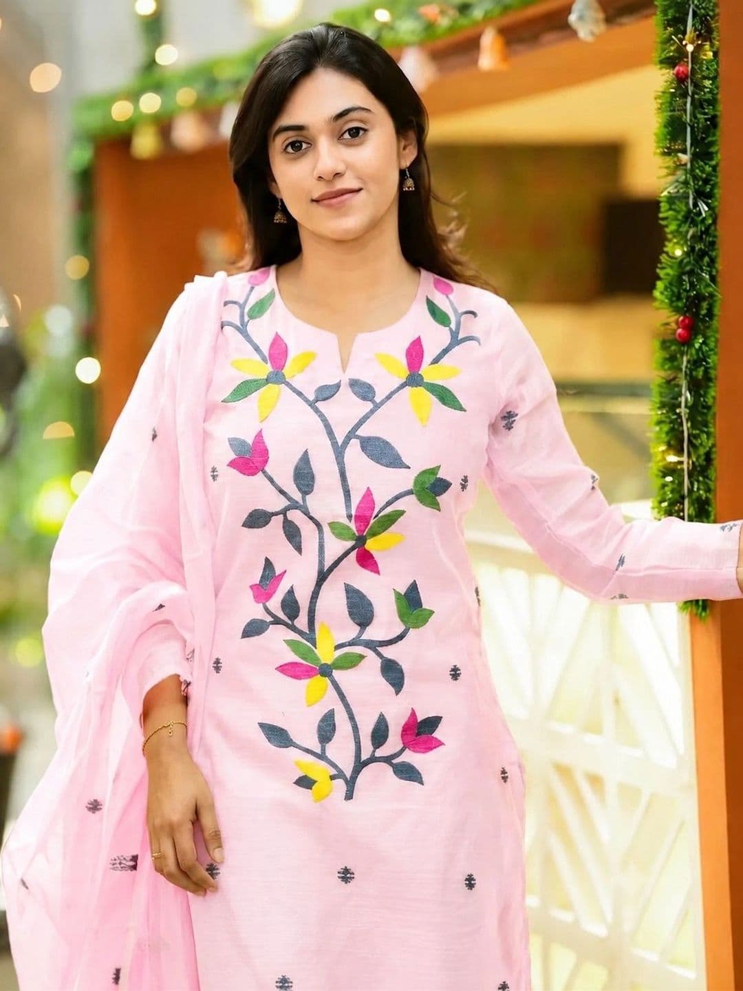 ZARVELA Women Ethnic Motifs Embroidered Regular Thread Work Pure Cotton Kurta with Trousers & With Dupatta - view 1