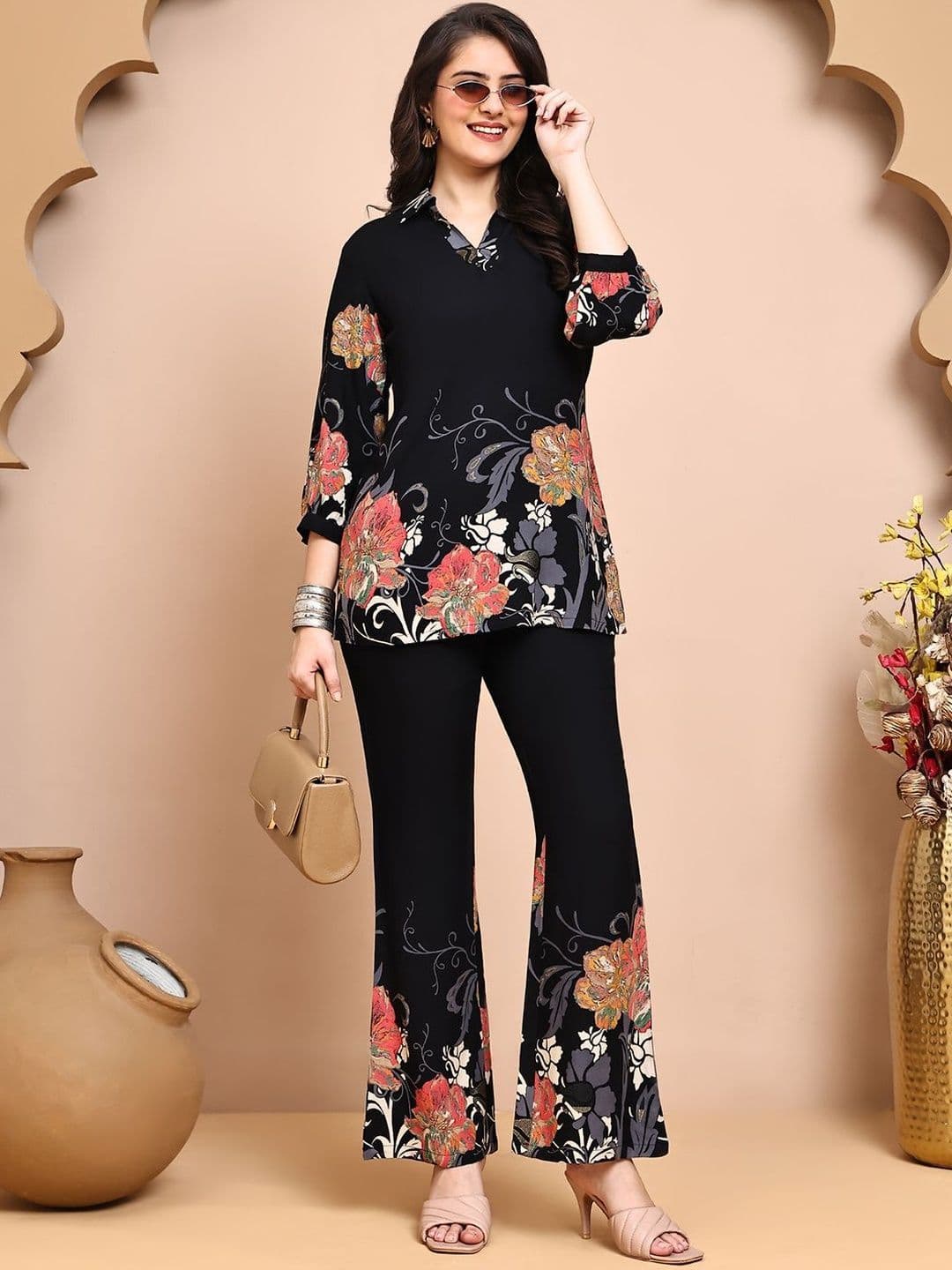 Claura Floral Printed Shirt Neck Top & Palazzos - view 1