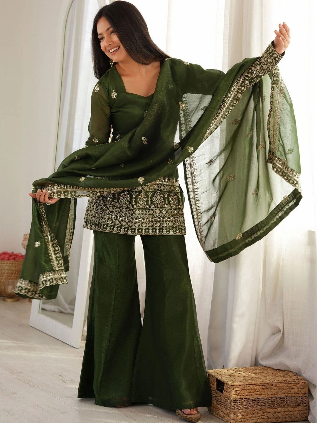 Homexa Enterprise Women Ethnic Motifs Embroidered Regular Sequinned Kurta with Sharara & With Dupatta - view 1