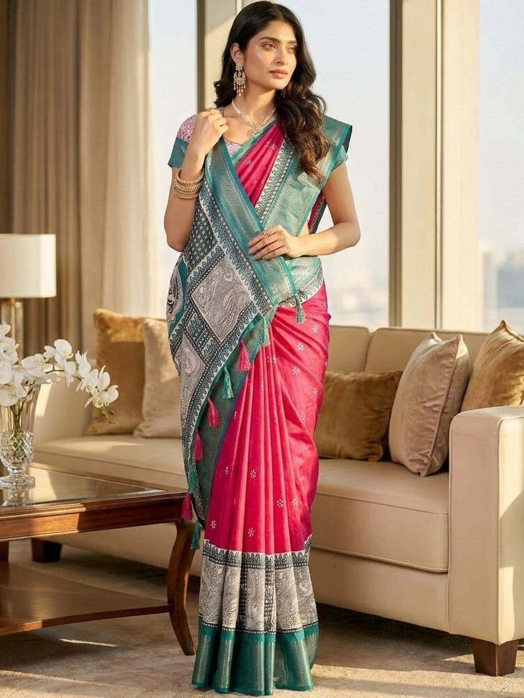 J 6 DESIGNER J6 DESIGNERS Women Pink Printed Cotton Blend Design Border Saree - view 1