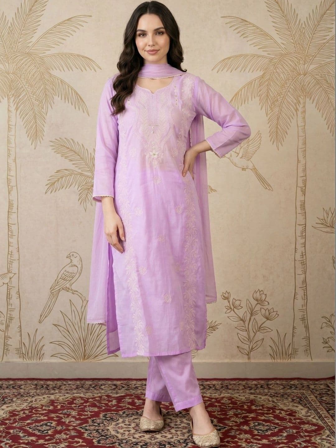 Sangria Women Ethnic Motifs Embroidered Regular Thread Work Kurta with Trousers & With Dupatta - view 1
