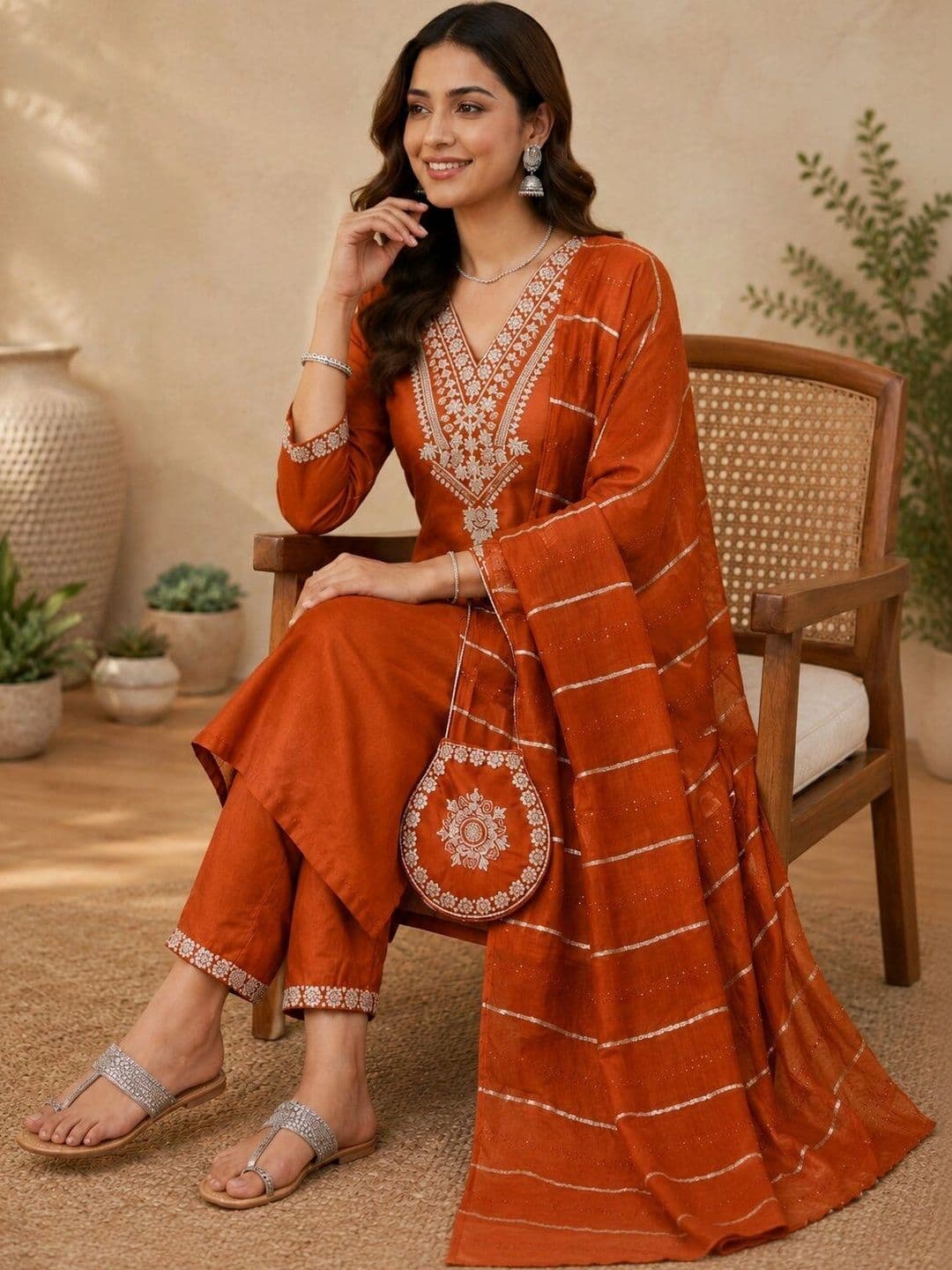 MITUDAY Women Ethnic Motifs Embroidered Regular Thread Work Pure Cotton Kurta with Trousers & With Dupatta - view 1