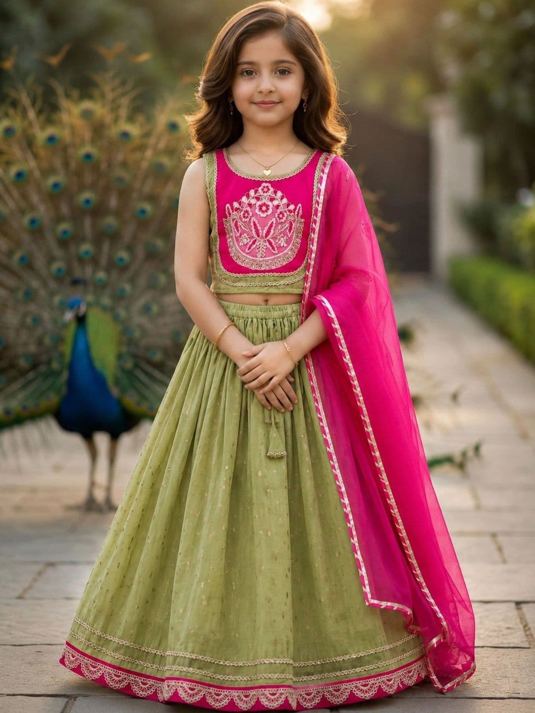 KALINI Girls Embroidered Thread Work Ready to Wear Lehenga & Blouse With Dupatta - view 1