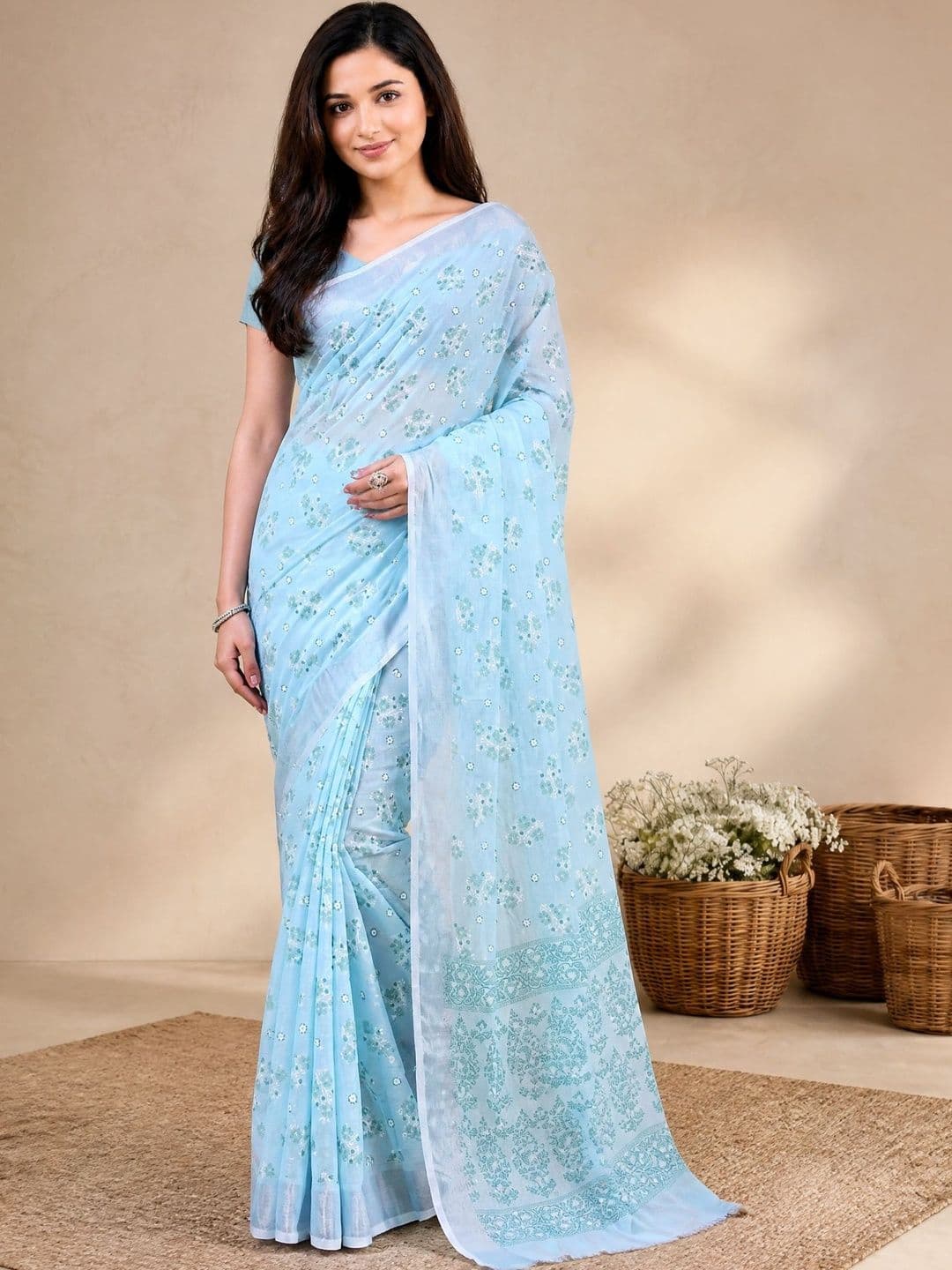 Anouk Women Floral Chikankari Pure Linen Saree - view 1