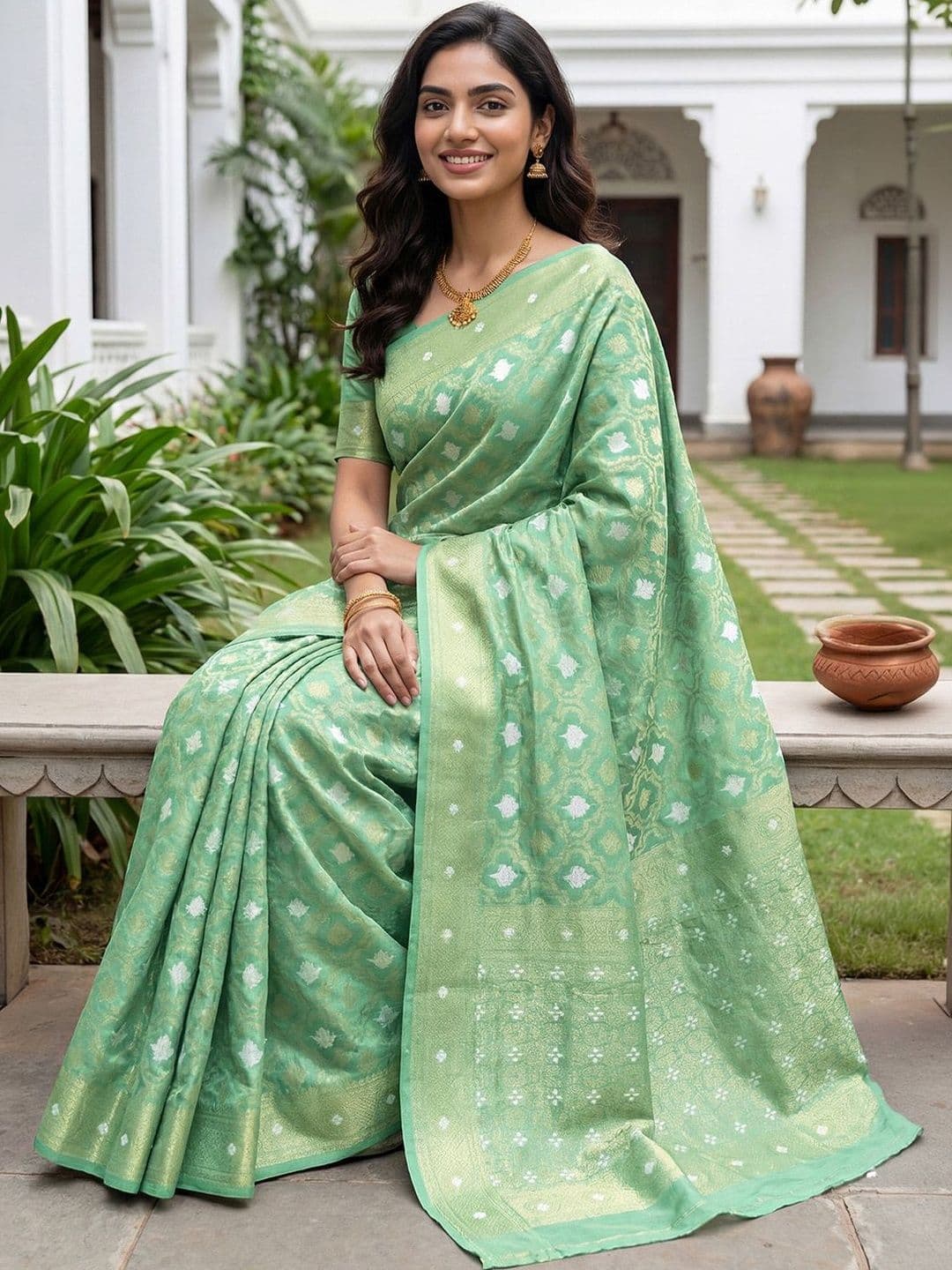 Anouk Women Sea Green Cotton Jacquard Saree with Unstitched Blouse Piece - view 1