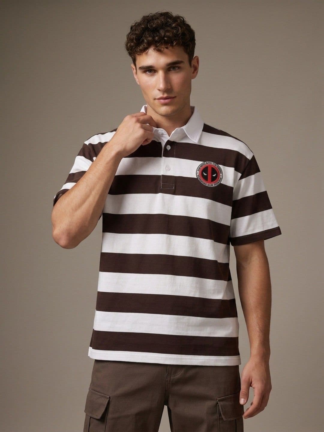 glitchez Striped Deadpool Printed Polo Collar Drop-Shoulder Sleeves Relaxed Fit T-shirt - view 1