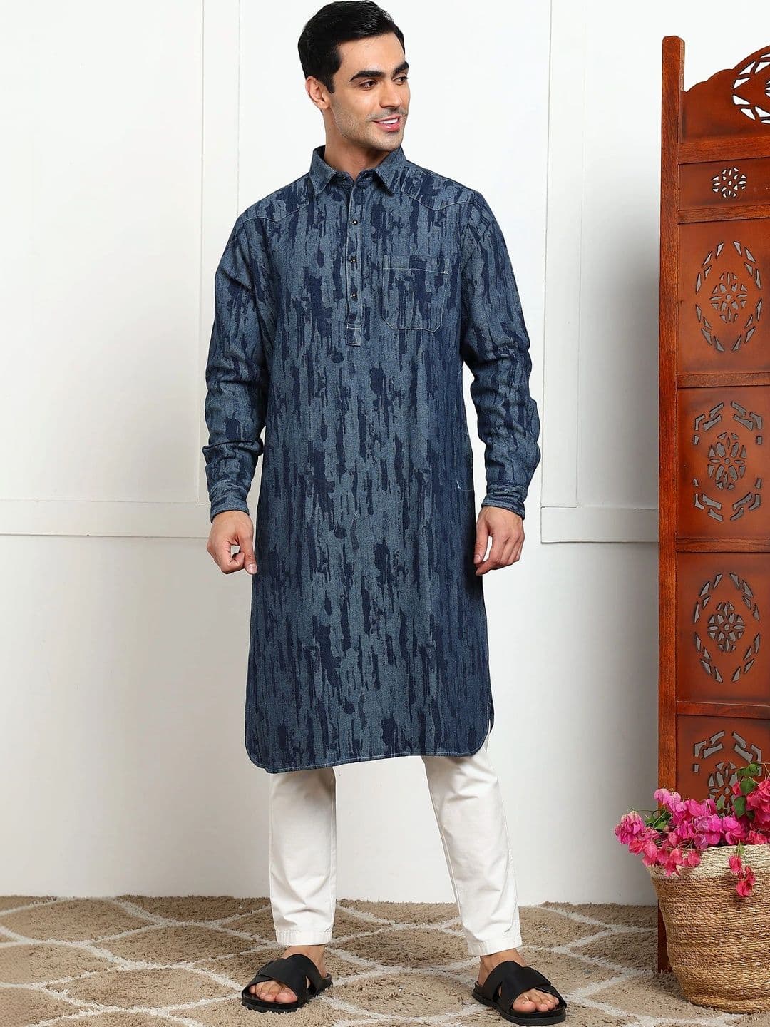 Anouk Men Printed Denim Kurta - view 1