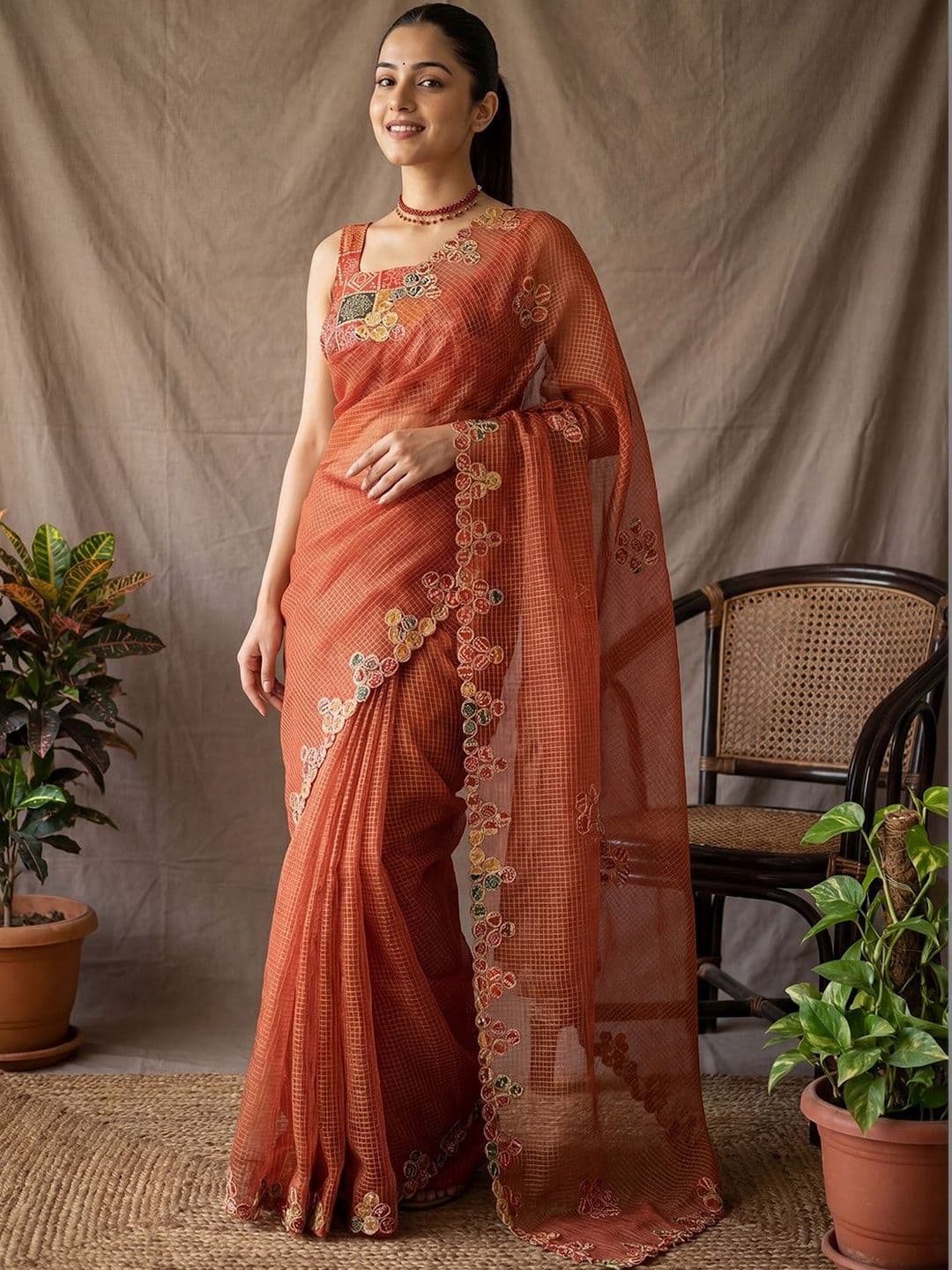 Anouk Checked Embroidered Pure Cotton Saree With Unstitched Blouse Piece - view 1