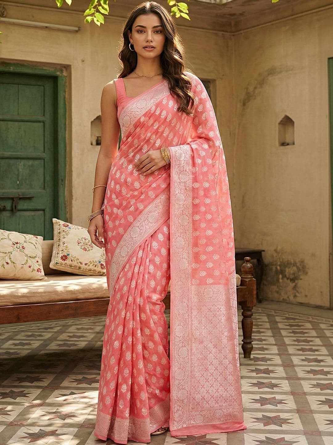 Anouk Women Coral Floral Woven Design Jacquard Saree with Blouse Piece - view 1