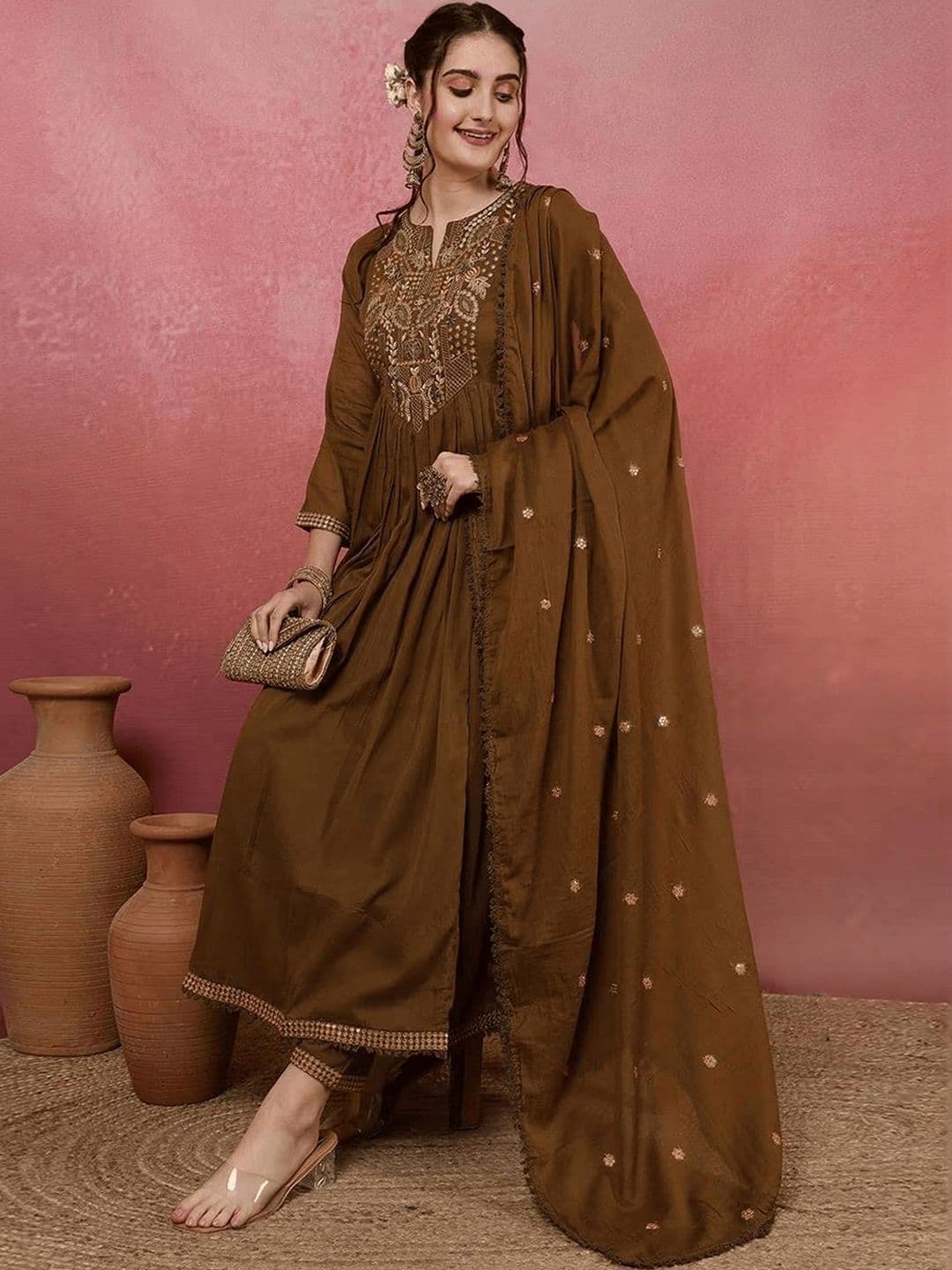 Anouk Women Ethnic Motifs Embroidered Empire Thread Work Kurta with Trousers & With Dupatta - view 1