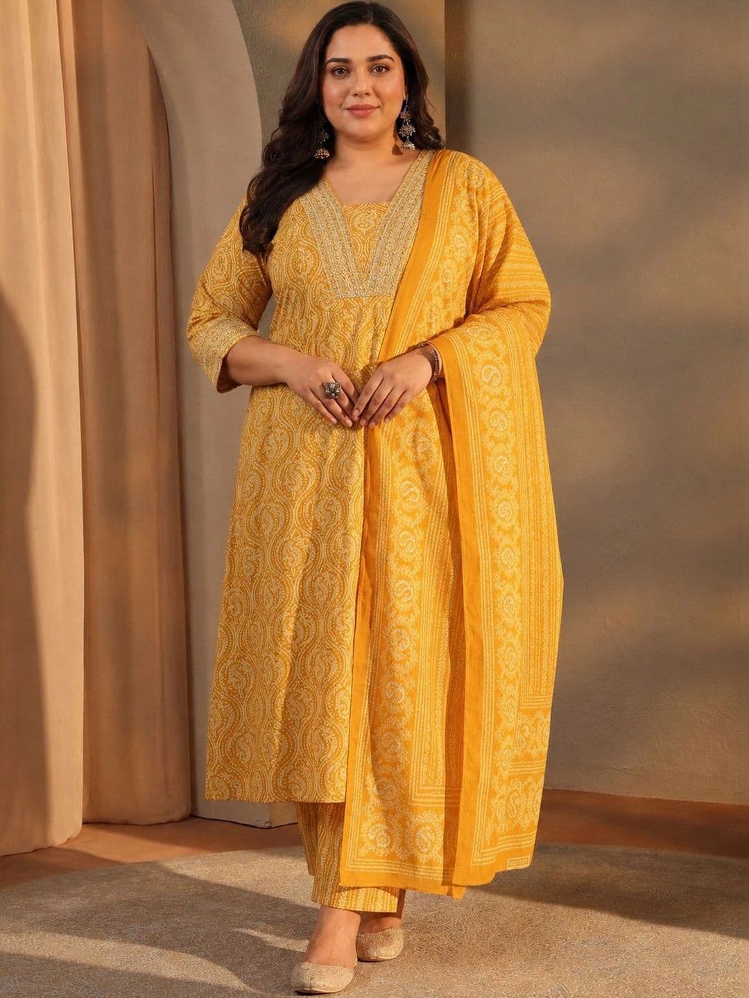 EXTRA LOVE BY LIBAS Plus Size Mustard Paisley Printed Cotton Blend Anarkali Suit Set - view 1