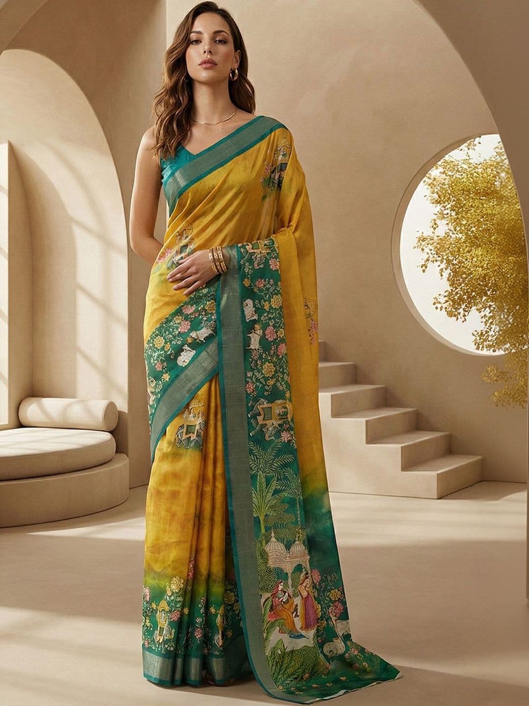 Anouk Women Mustard Ethnic Motifs Printed Saree with Blouse Piece - view 1