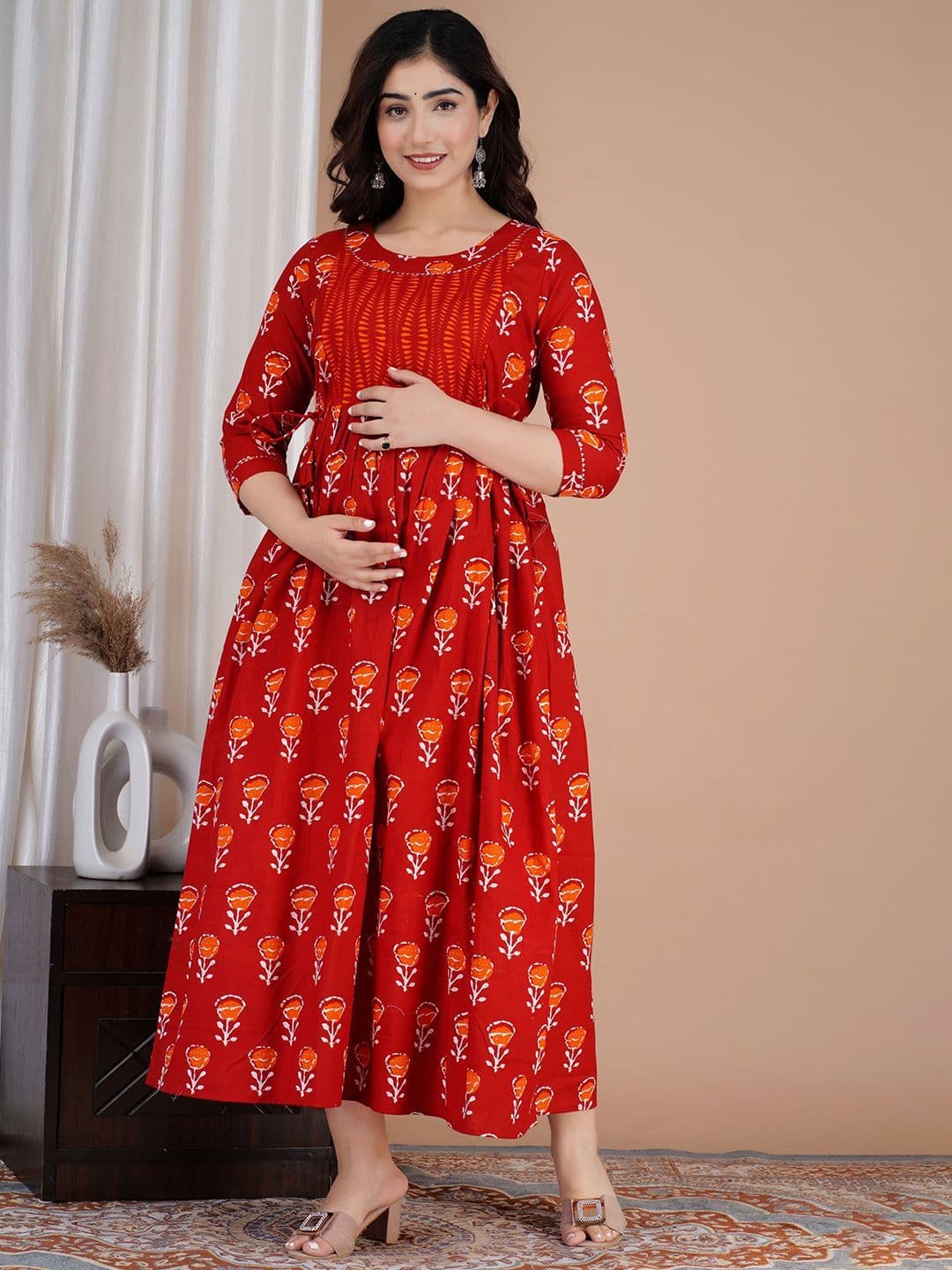 Tulsiram Floral Printed Pure Cotton A-Line Maternity Ethnic Dress - view 1