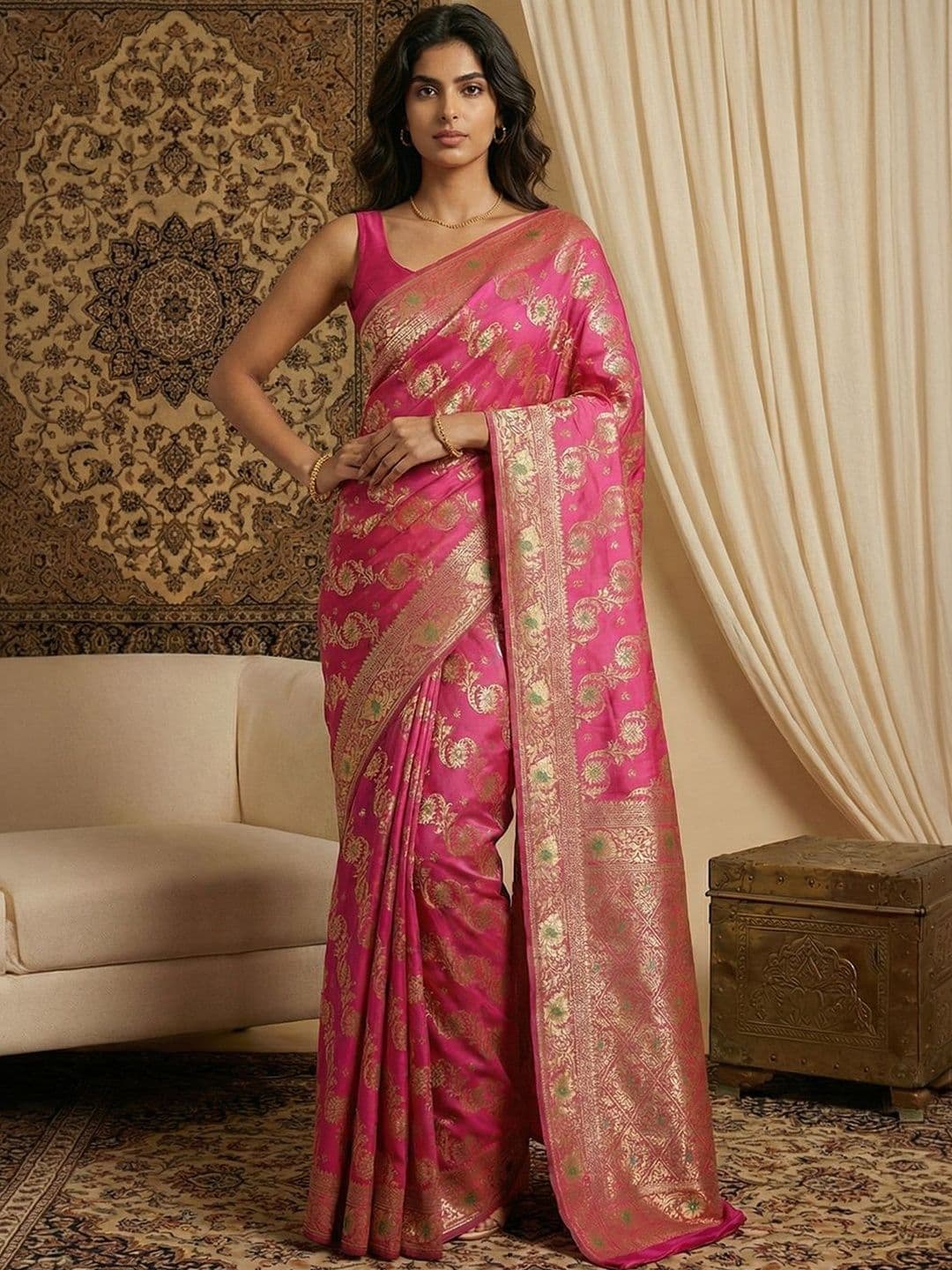 Anouk Women Pink Floral Woven Design Jacquard Saree with Blouse Piece - view 1
