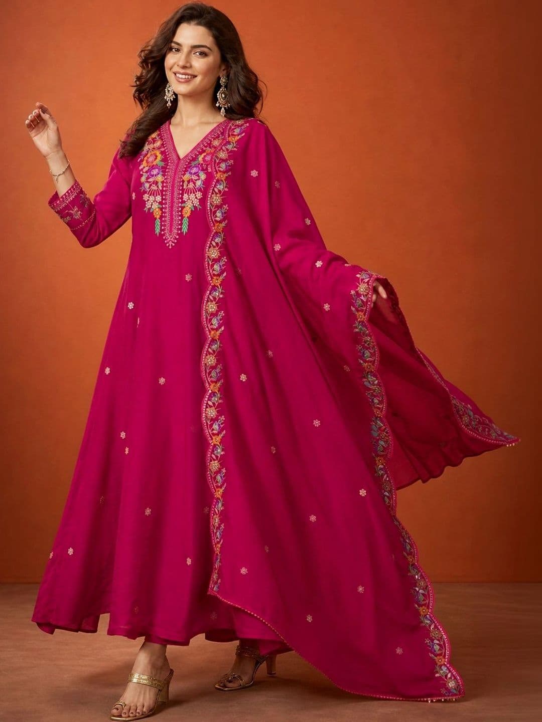 HERE&NOW Women Ethnic Motifs Embroidered Regular Thread Work Kurta with Palazzos & With Dupatta - view 1