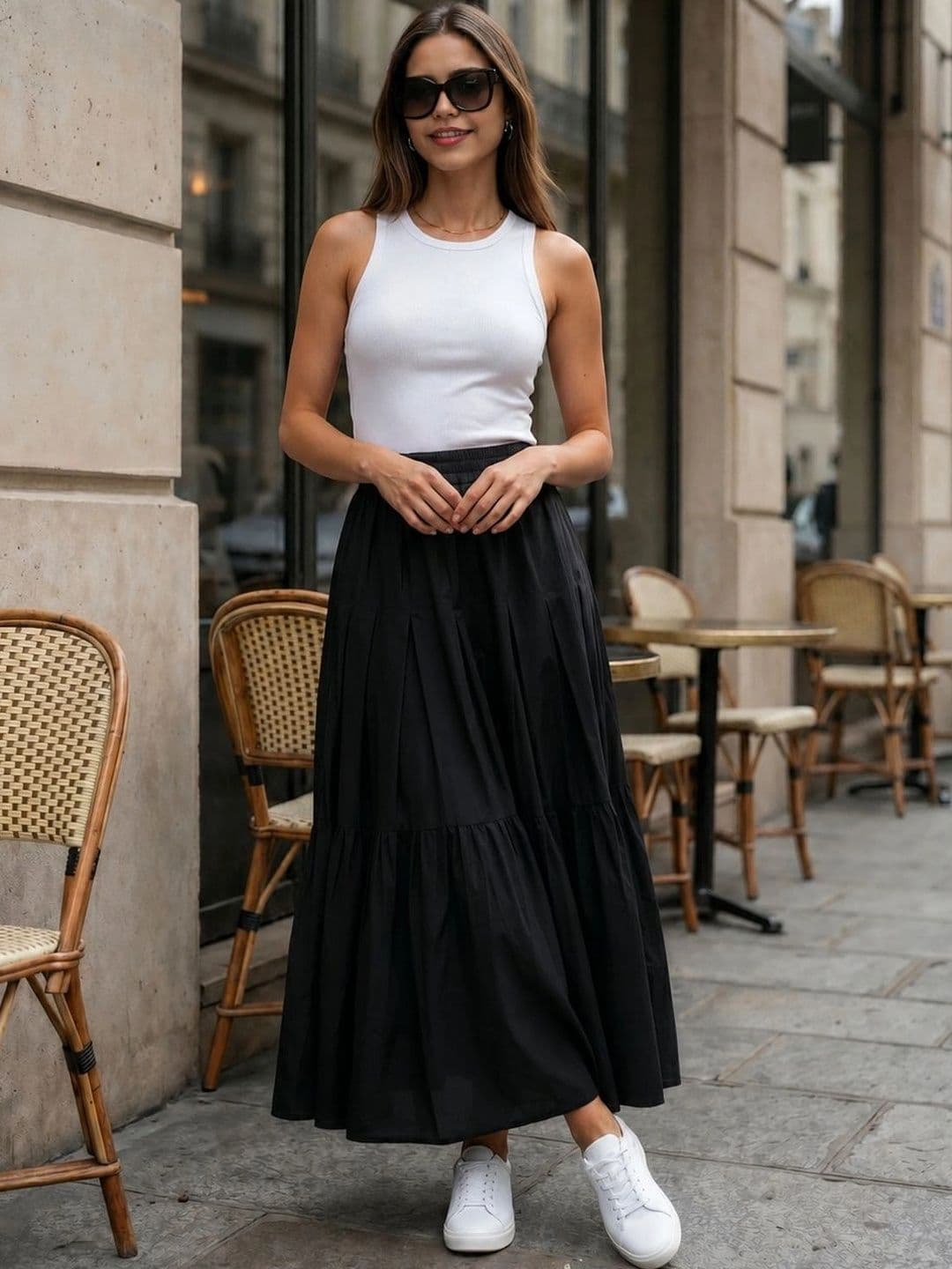 BLUE PIEGEON Women Pure Cotton Blend Cotton Cambric Tiered Maxi Flared Skirt - view 1