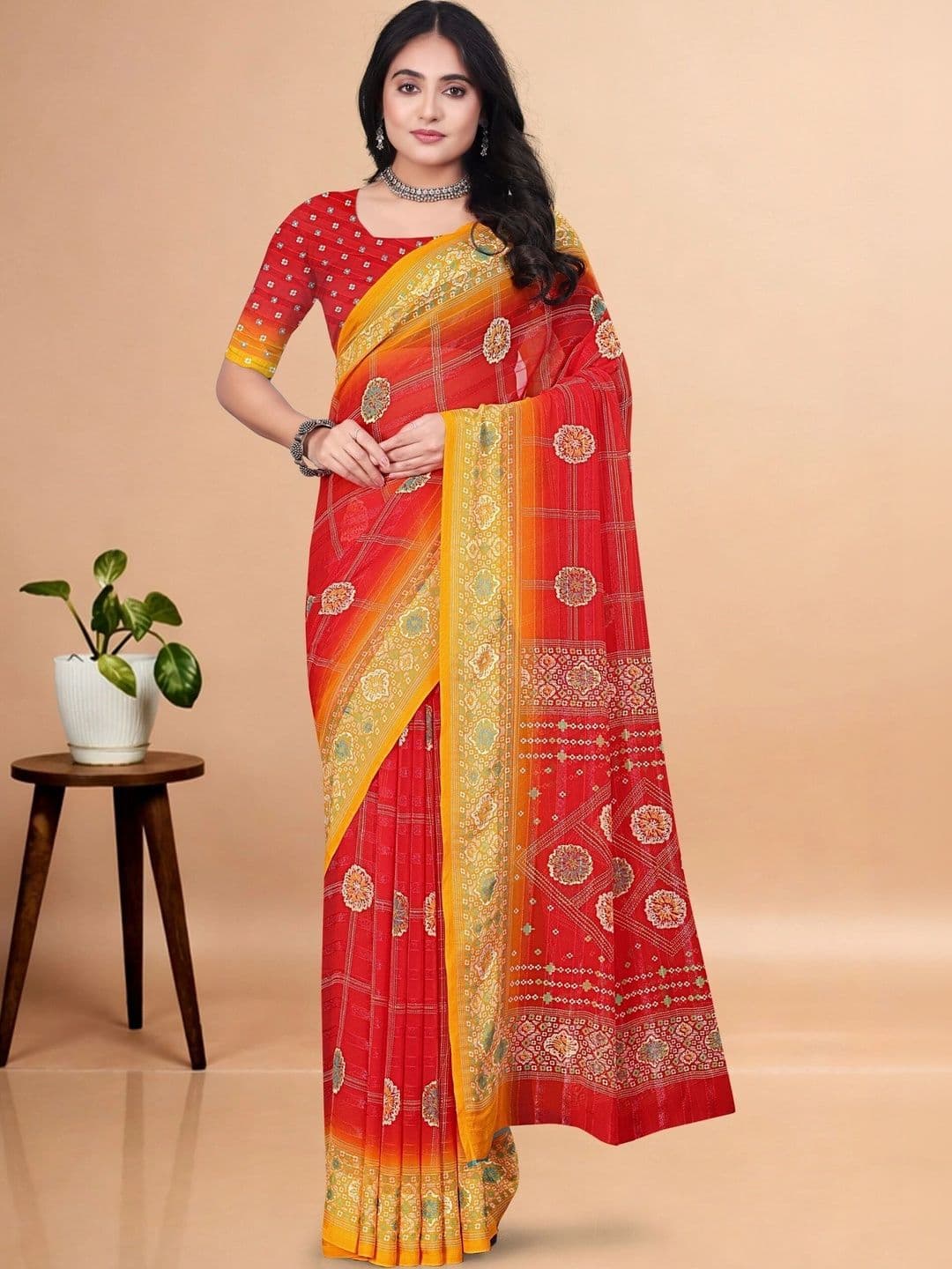 J 6 DESIGNER Bandhani Embroidered Art Silk Saree - view 1
