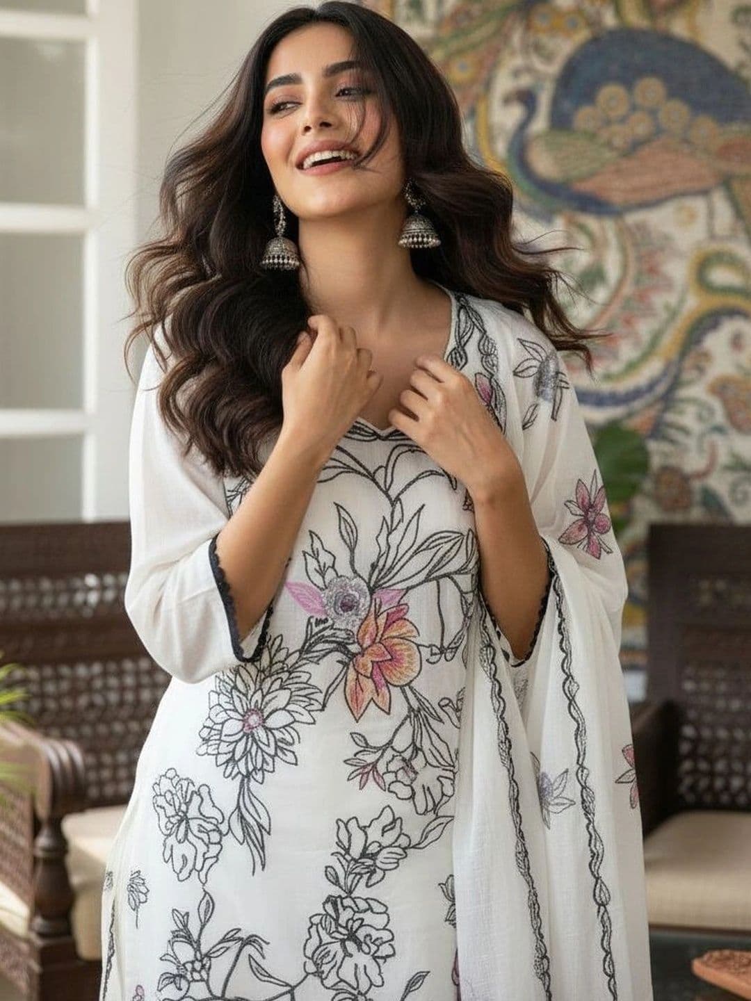 Anouk Women Floral Embroidered Regular Thread Work Pure Cotton Kurta with Trousers & With Dupatta - view 1