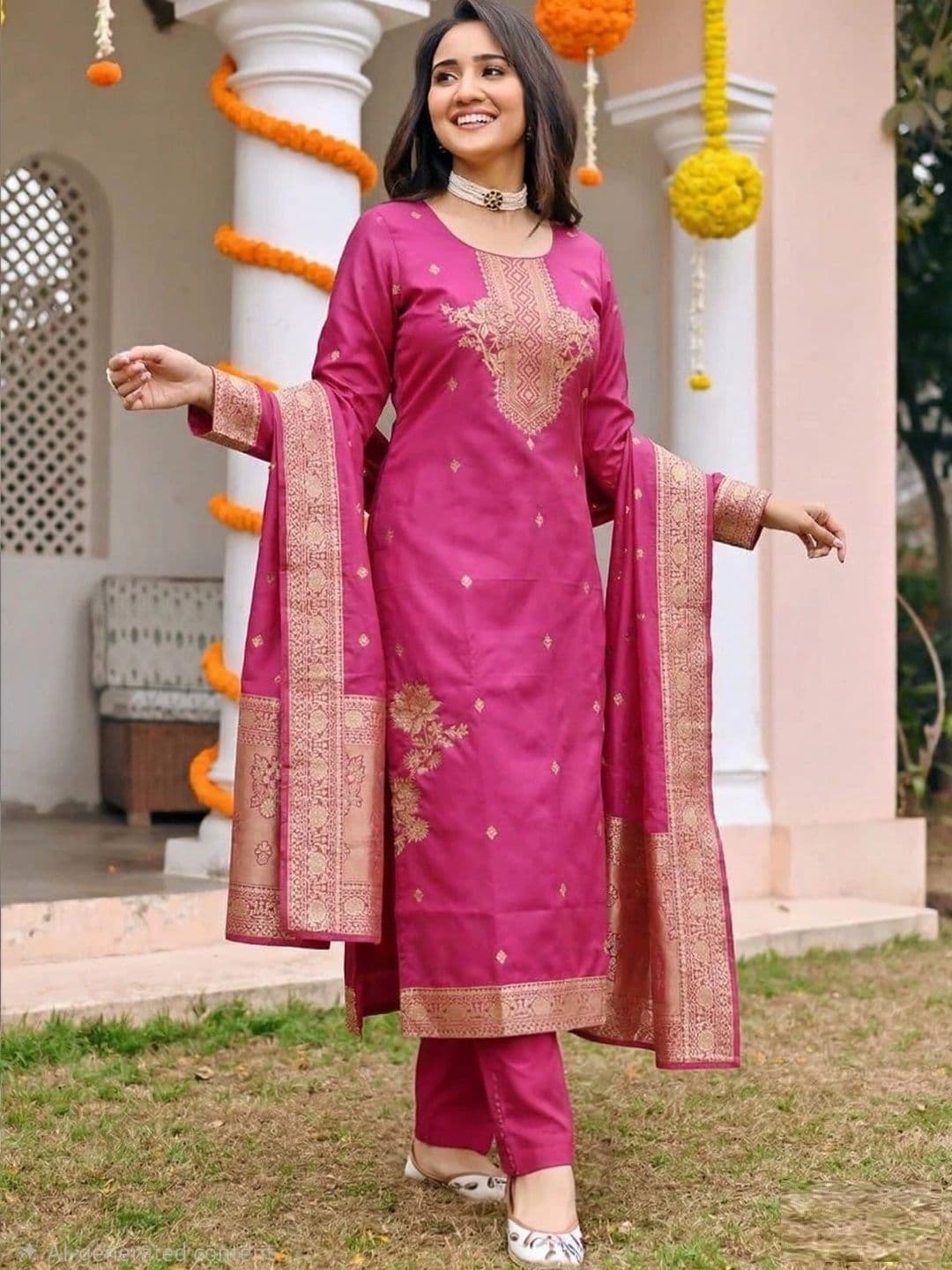 SHU-GORA Women Ethnic Motifs Embroidered Regular Kurta with Trousers & With Dupatta - view 1