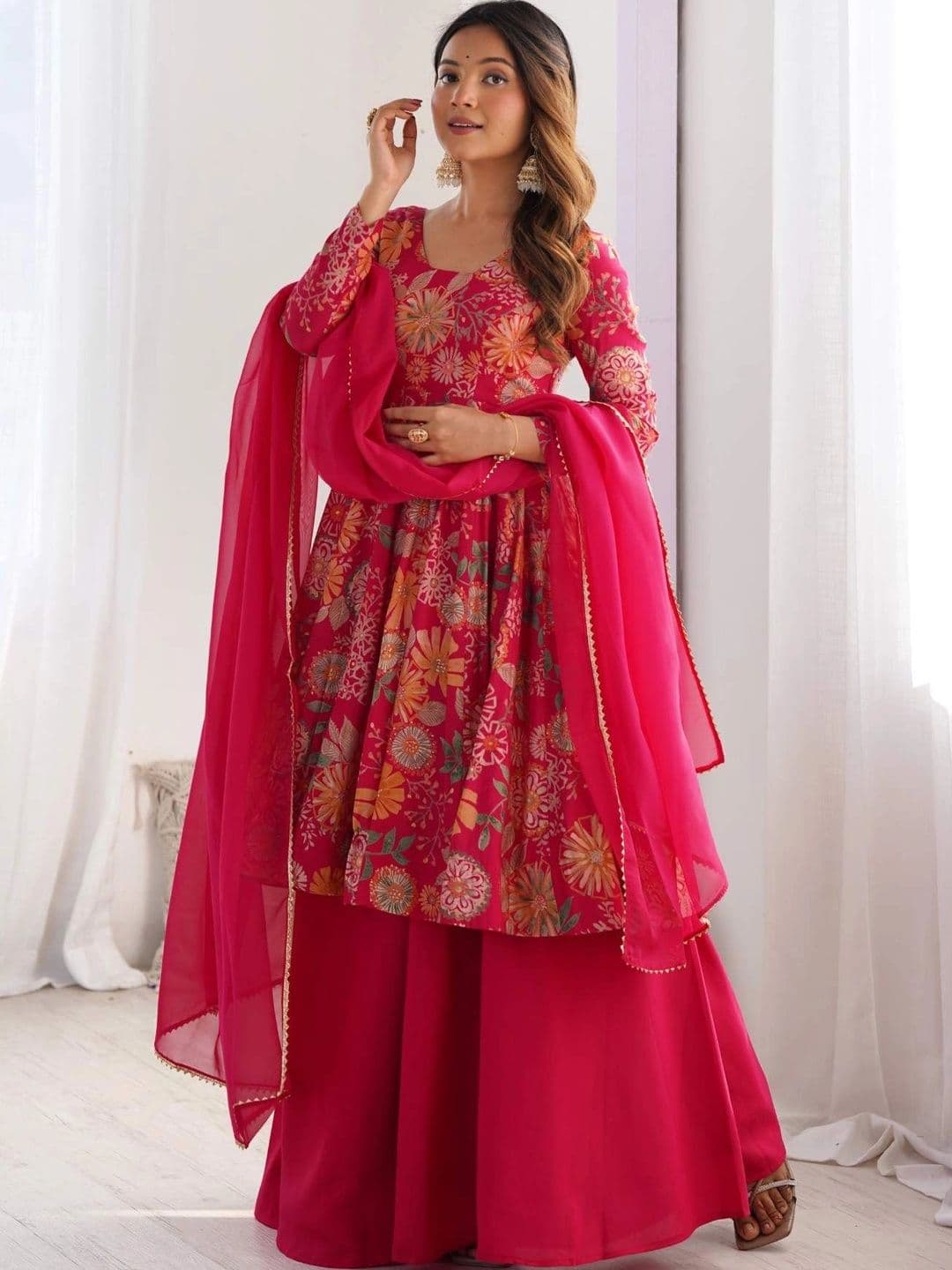House Of Nazakat Women Floral Printed Regular Chanderi Silk Kurta with Palazzos & With Dupatta - view 1