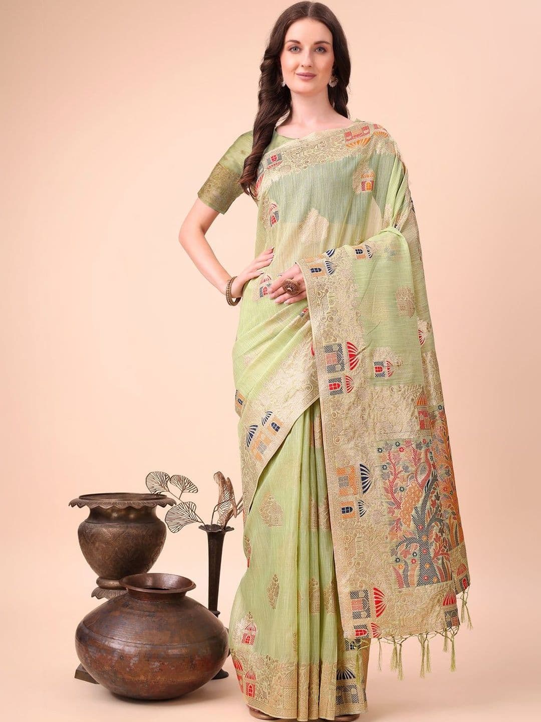 Anouk Ethnic Motifs Zari Linen Blend Handloom Kanjeevaram Saree - view 1