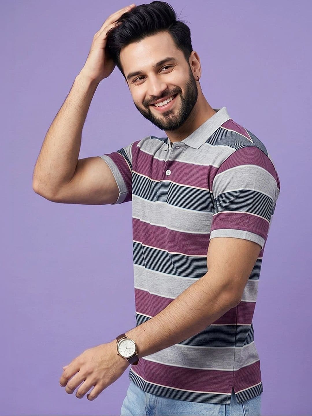 HERE&NOW Men Striped Polo Collar T-shirt - view 1