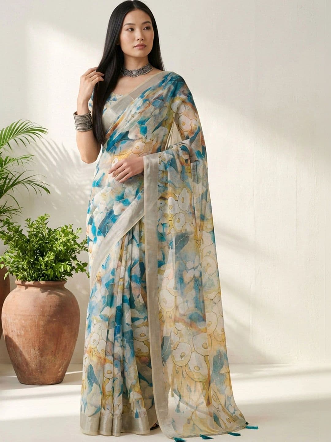 Sangria Floral Zari Pure Linen Designer Khadi Saree - view 1