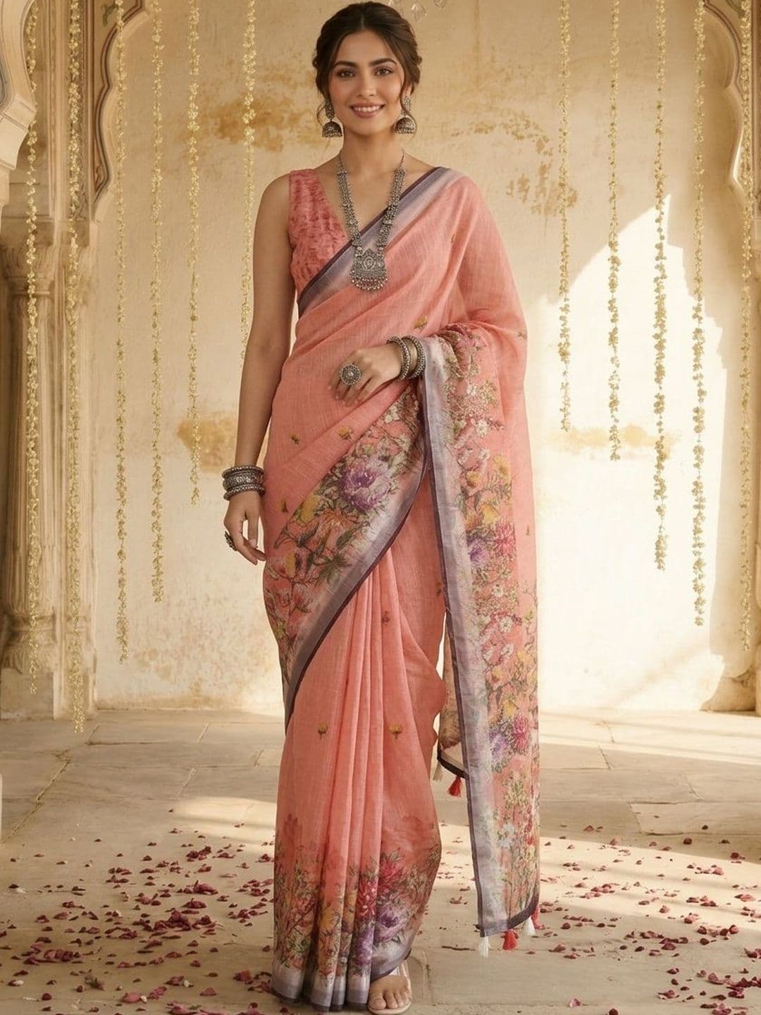Anouk Floral Pure Linen Block Print Saree - view 1
