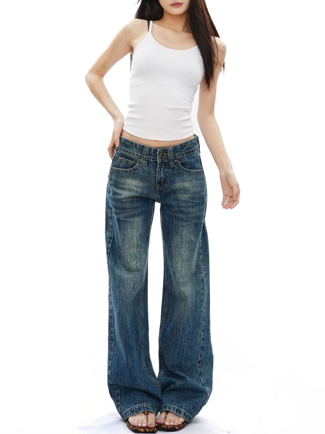 Suo Women Wide Leg Low-Rise Low Distress Light Fade Jeans - view 1