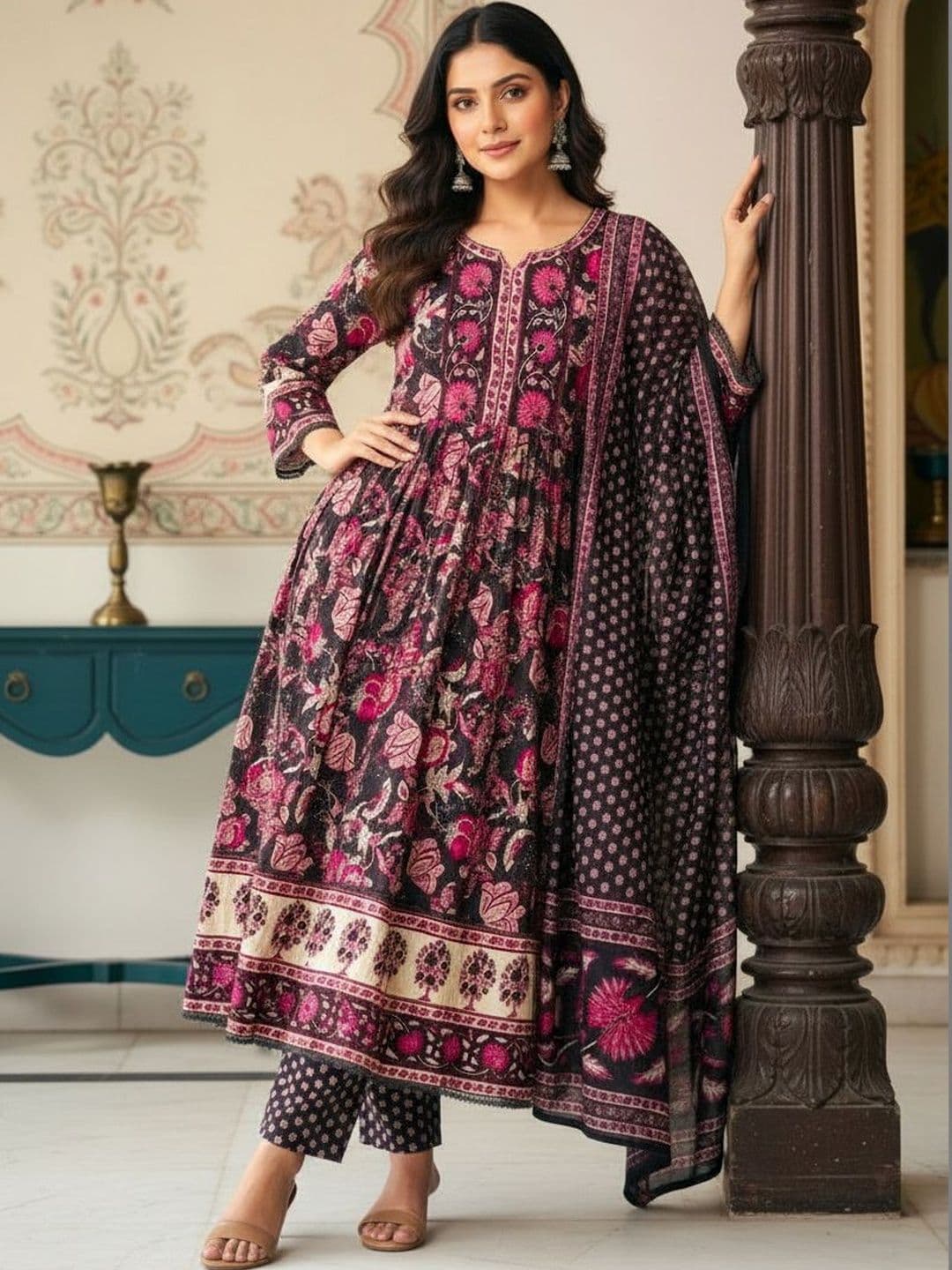 Anouk Women Floral Printed Empire Thread Work Pure Cotton Kurta with Trousers & With Dupatta - view 1