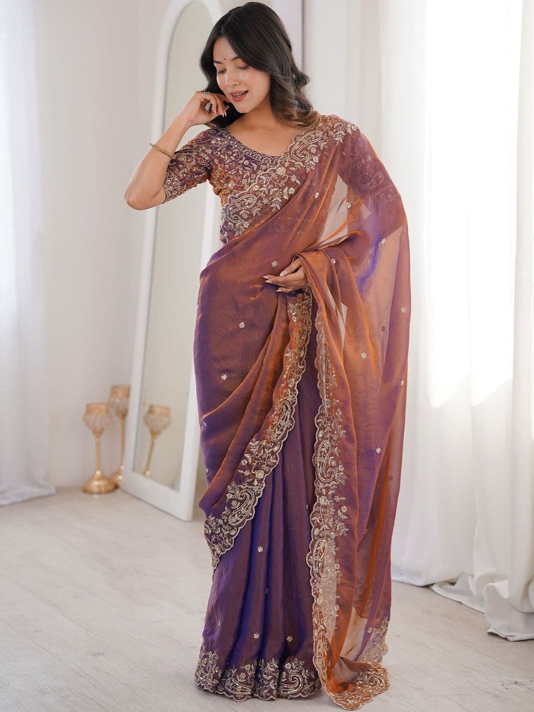 Anouk Embellished Embroidered Satin Heavy Work Saree - view 1