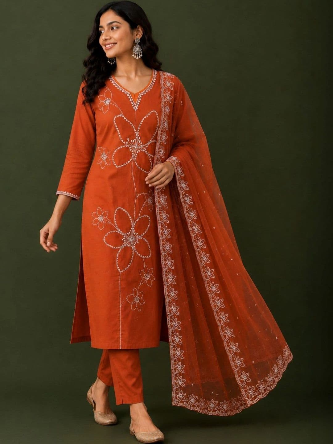 MITUDAY Women Floral Embroidered Regular Thread Work Pure Cotton Kurta with Trousers & With Dupatta - view 1